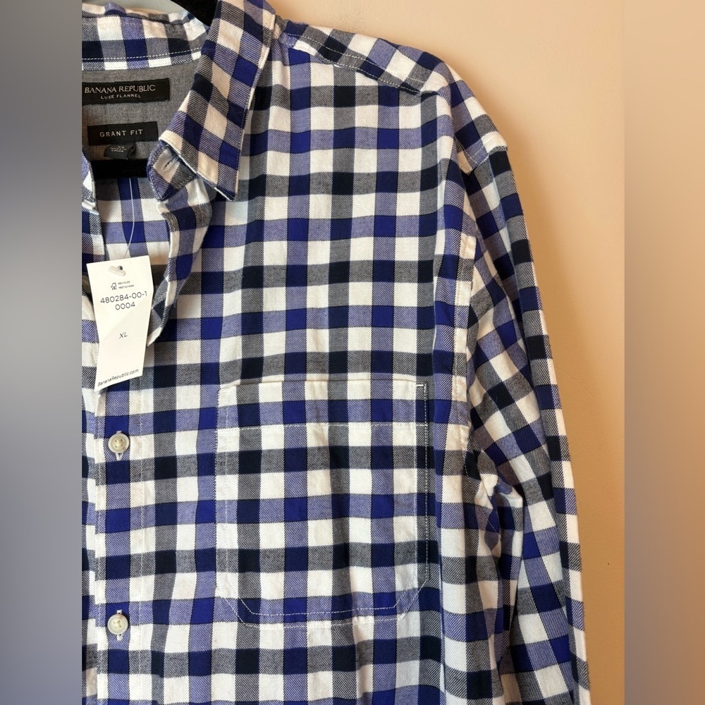 Banana Republic Grant Fit Luxe Flannel Shirt Men’s XL Blue White Checkered - Picture 3 of 8
